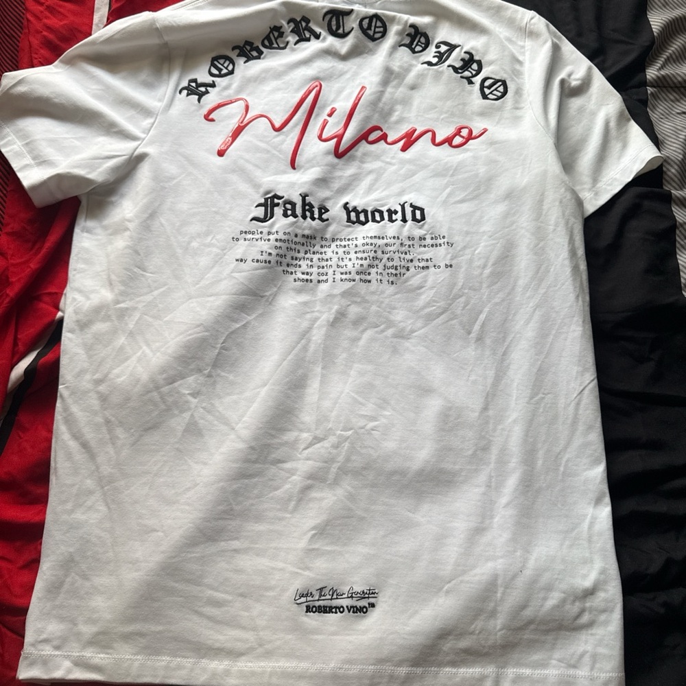 Milano White Graphic Tee with Black and Red Accents